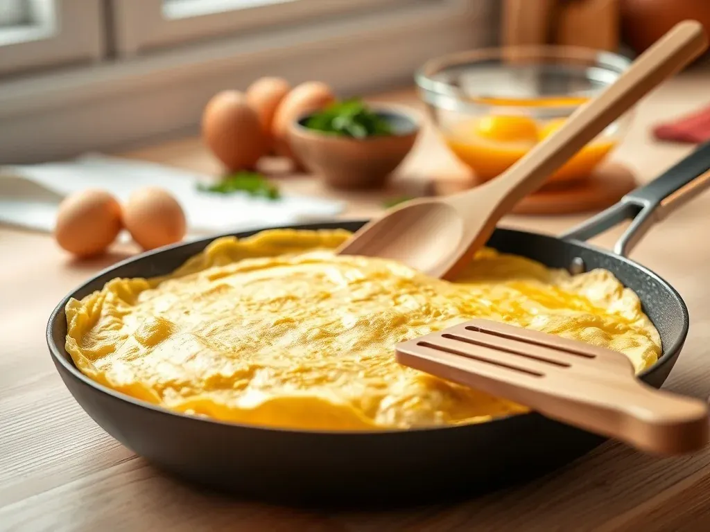 Puszysty, złocisty omlet na patelni, podważany łopatką, w tle składniki do przygotowania omletu w jasnej kuchni.